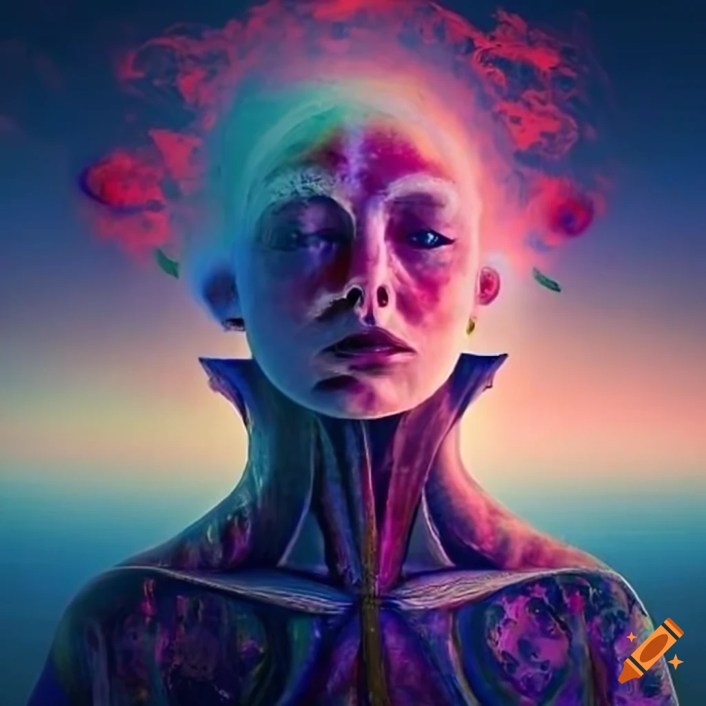 Surreal and symbolic artwork inspired by James Gleeson with vibrant colors and dreamlike landscape