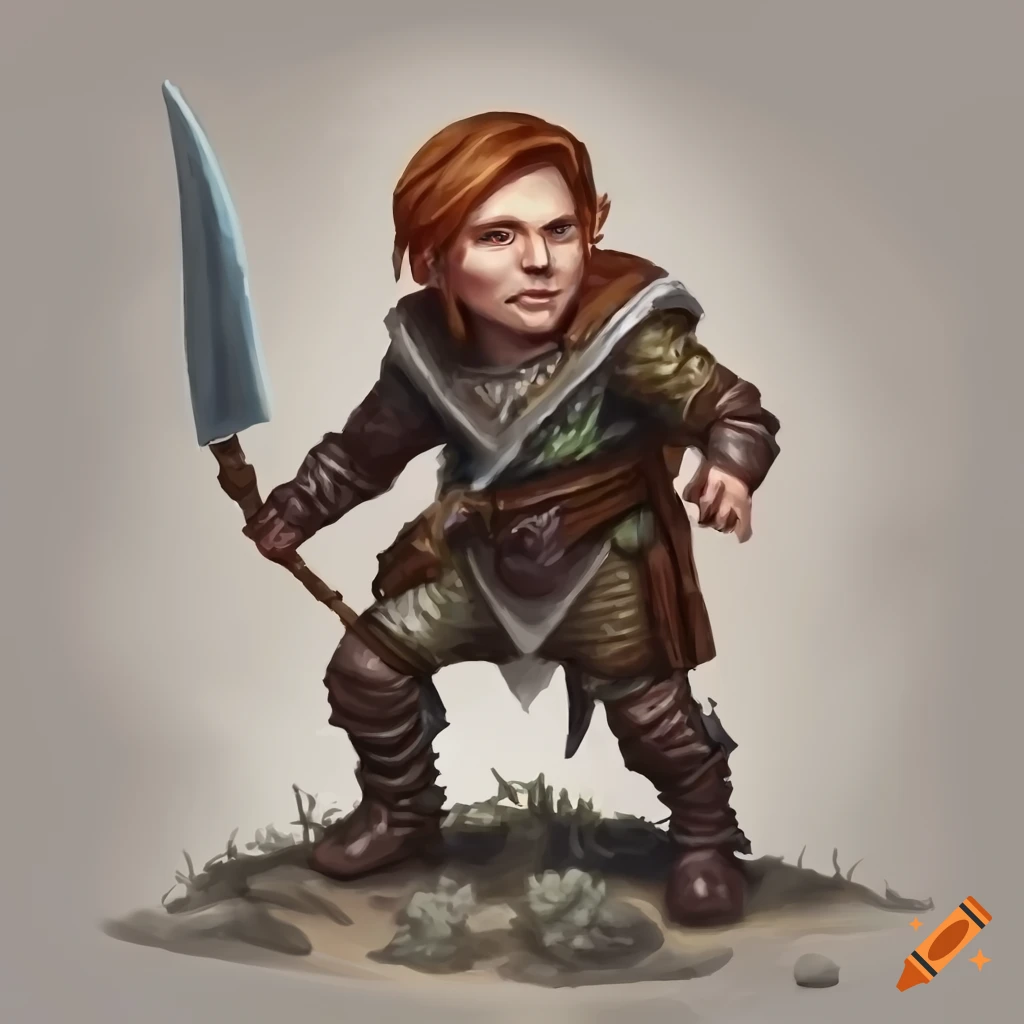 Hand-painted Dungeons and Dragons style fantasy art of a male halfling rogue standing up
