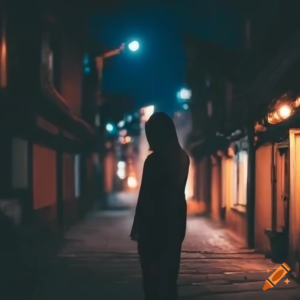 Young woman with long silver hair in Korean village at night