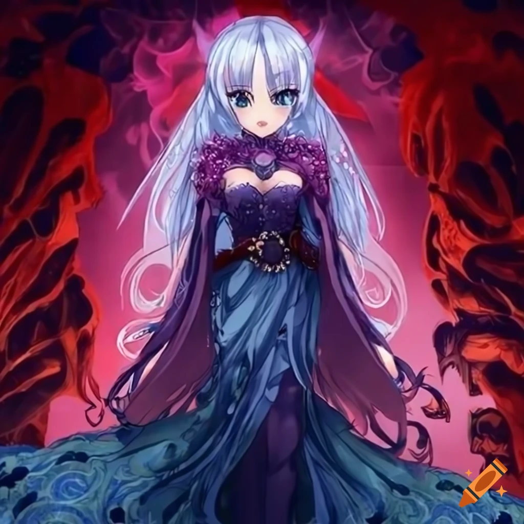 Anime icy lava princess fairy with crown and joseon dress embodying chaotic thunders and magic waves