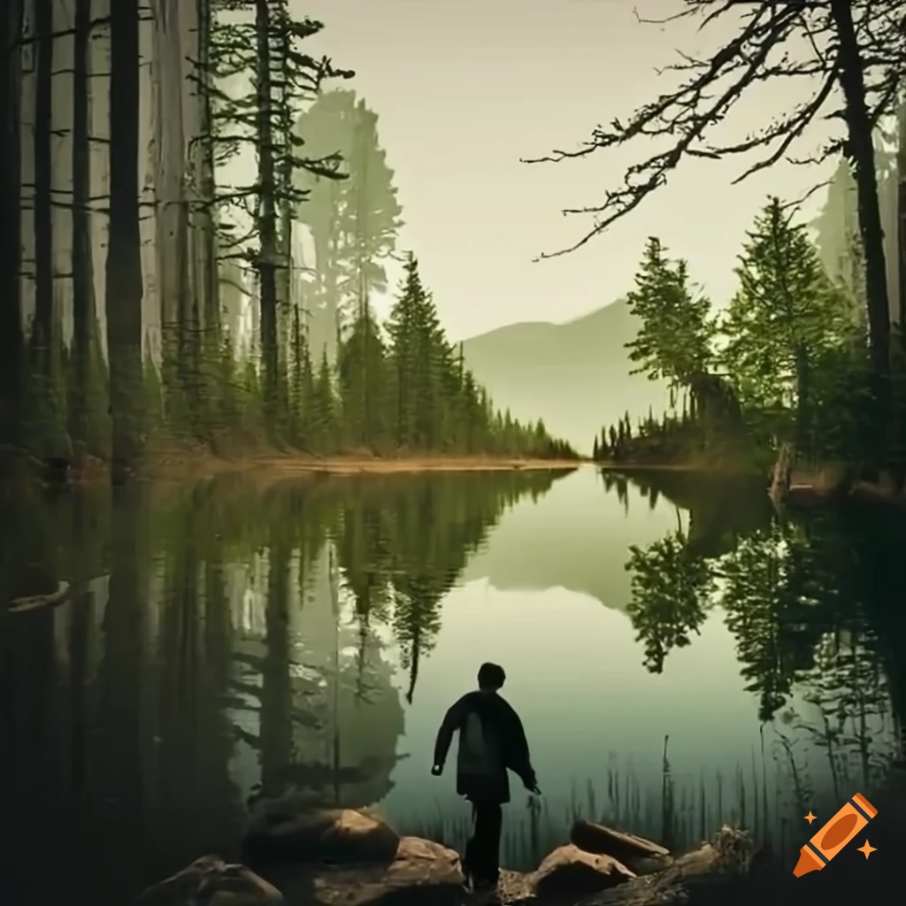 Man hiking in a beautiful wilderness with trees and a lake