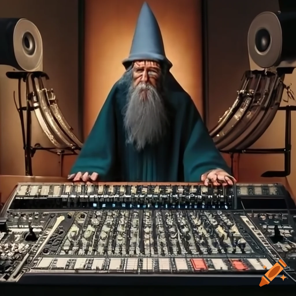 Gandalf in a mixing studio with large speakers