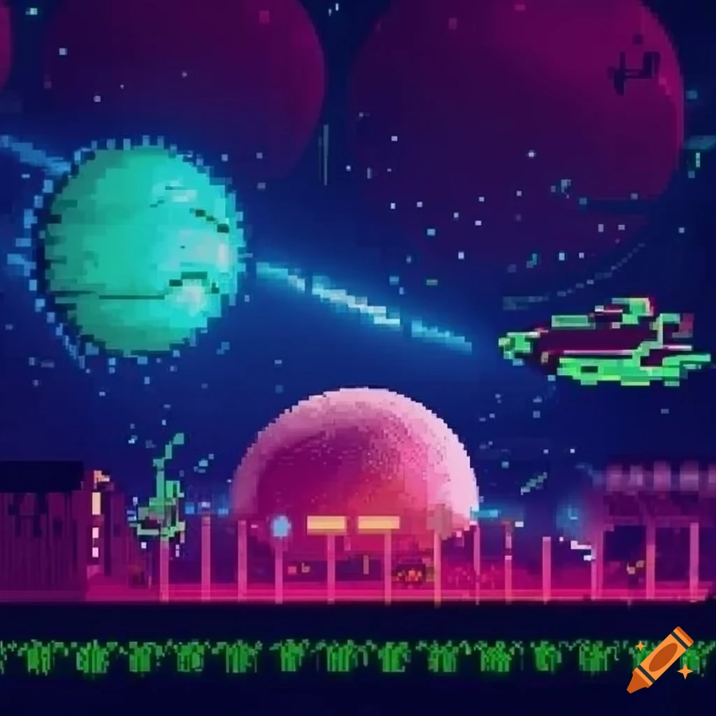 Space-themed pixel art retro gaming background with 2.5D spaceship