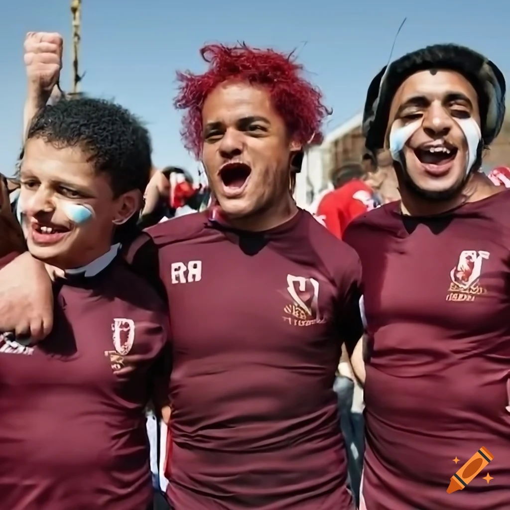 Crowd of rugby fans celebrating their team's championship
