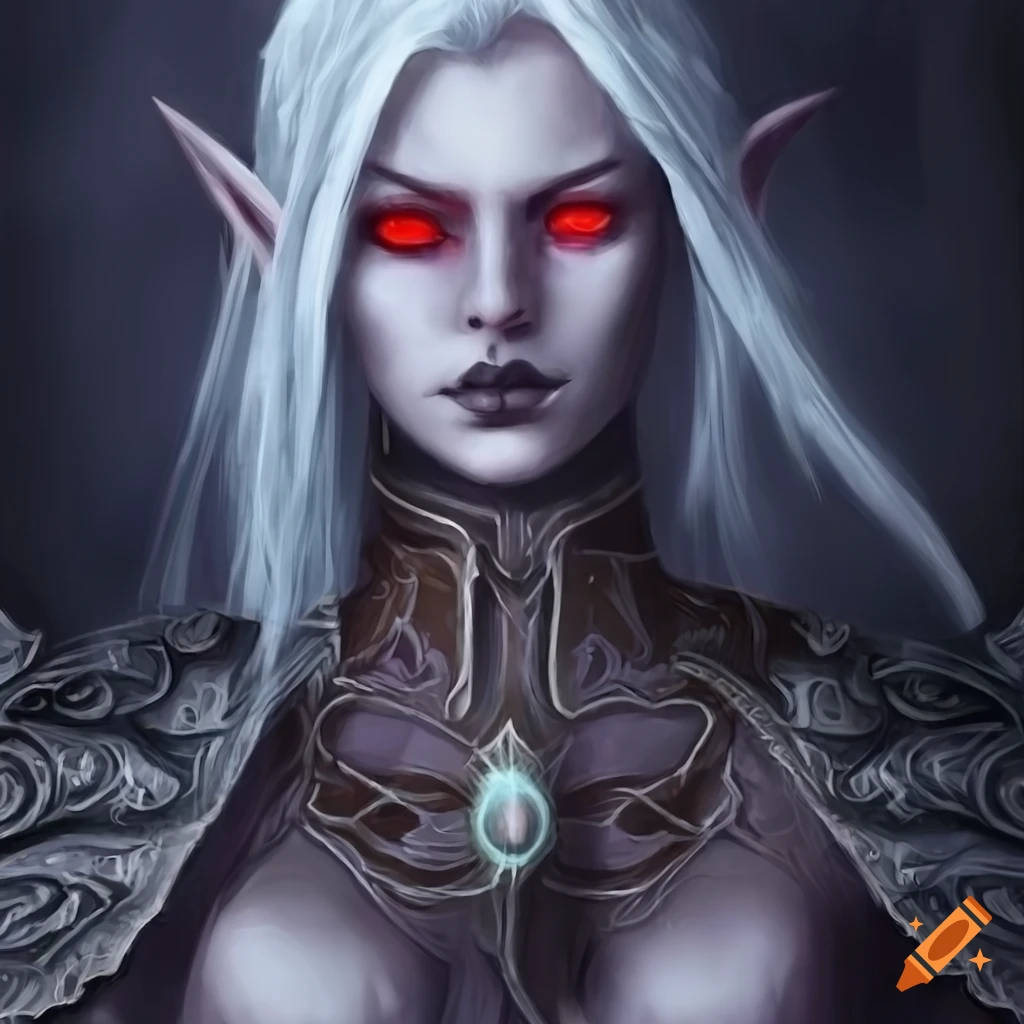 Female dark elf mage in robes with long white hair and red eyes on Craiyon