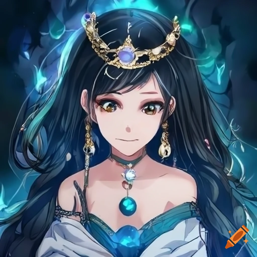 Anime princess with black hair crown in a Victorian goddess chaotic thunders scene