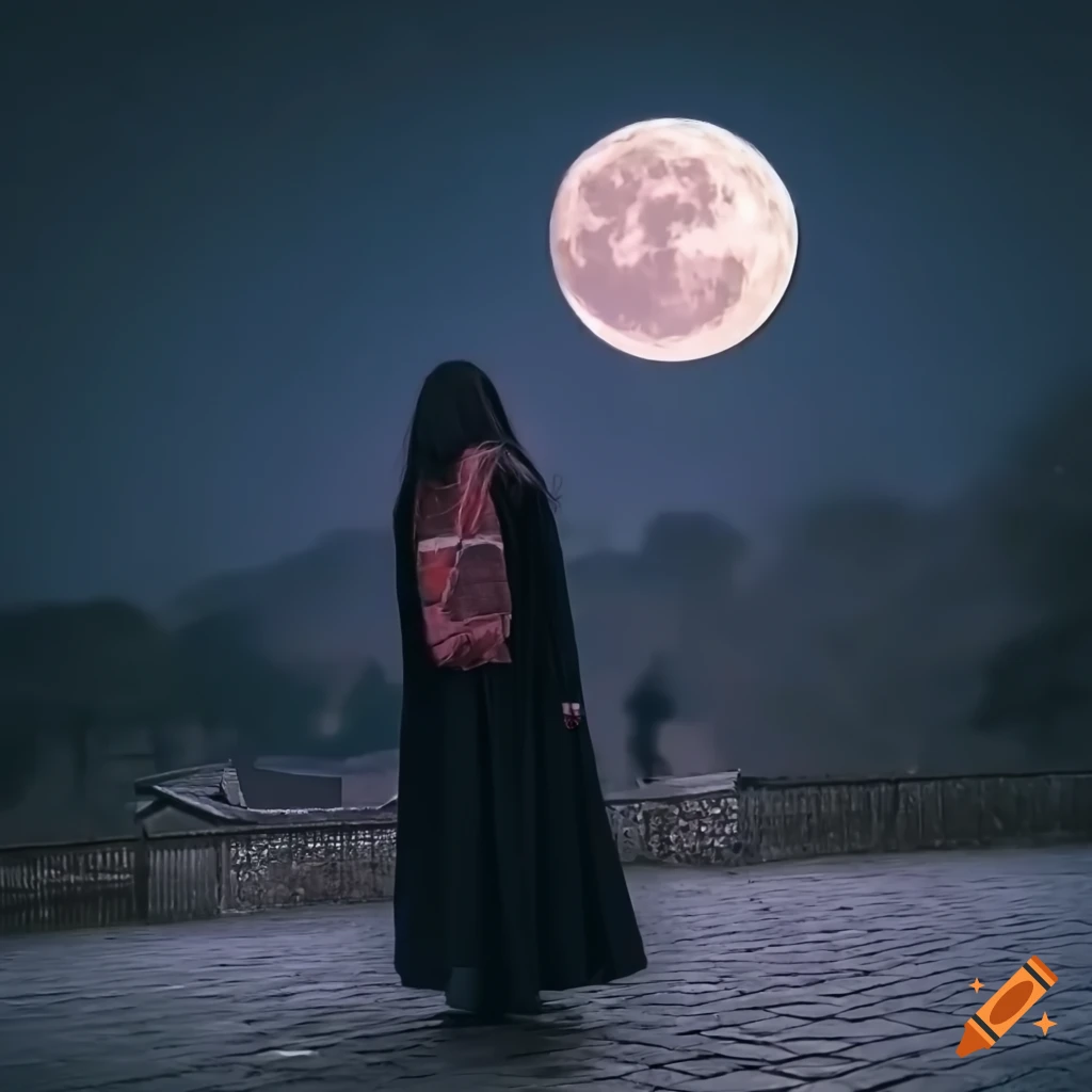 Mysterious young woman with silver hair looking at the full moon in a traditional Korean village