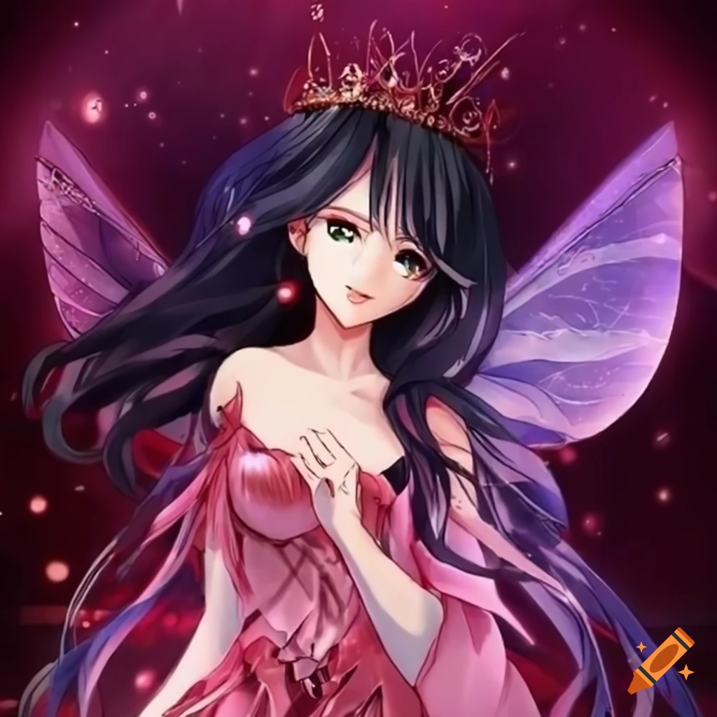 Anime princess fairy with black twin hair crown in a magical dress