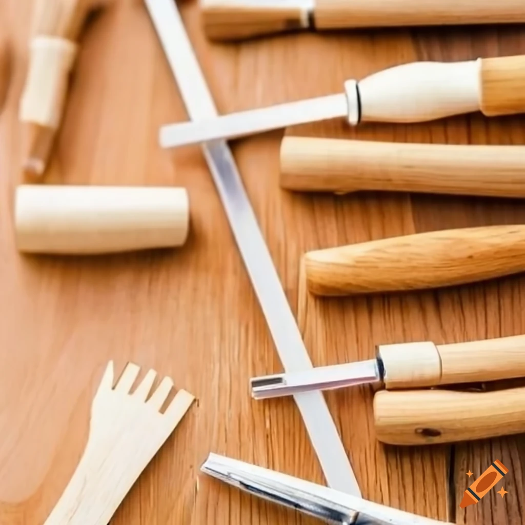 Various pickaxes with wooden handles in a modern carpentry setting