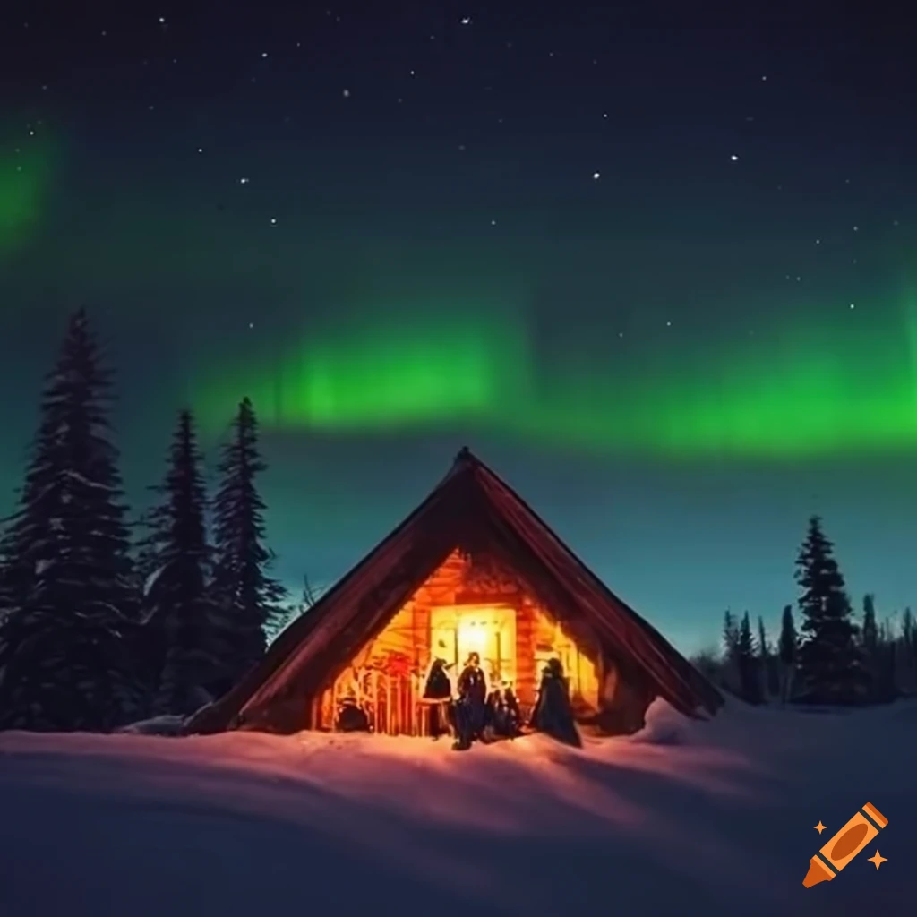 Group of friends enjoying a cozy cabin gathering under the northern lights at night