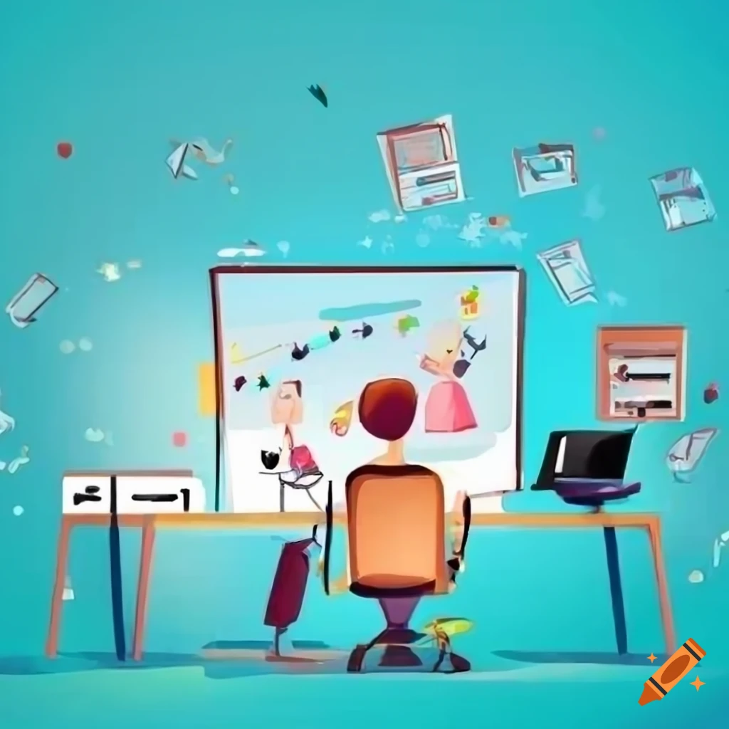 Cartoon character working on a PC and thinking about website design