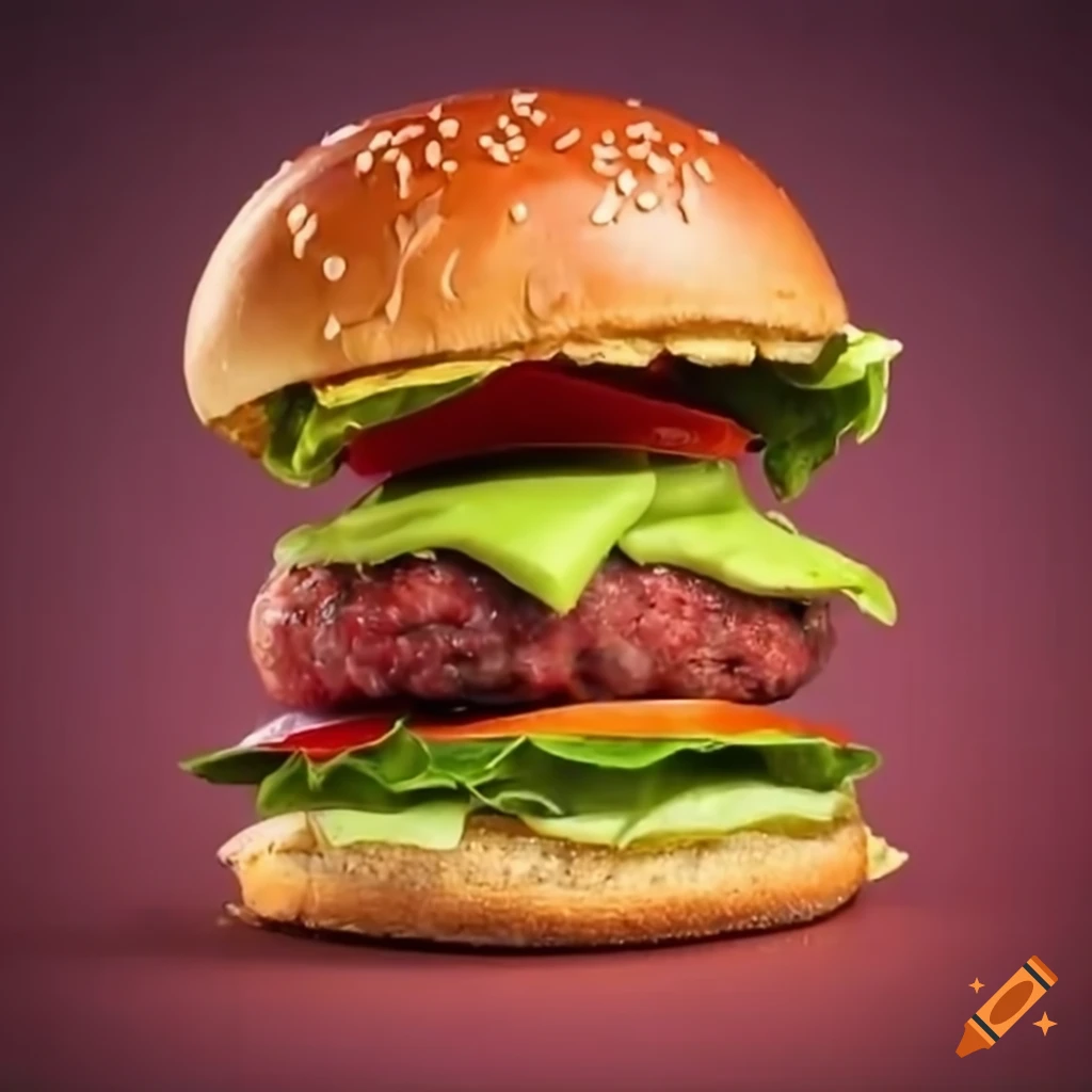 Flying burger with tomato, patty, and cheese