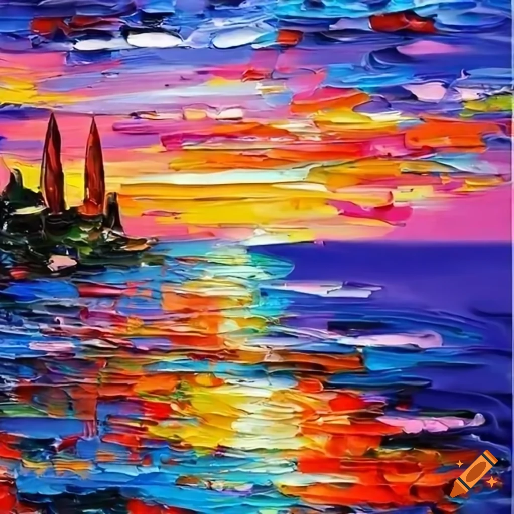 Vibrant palette knife painting of a Mediterranean seascape