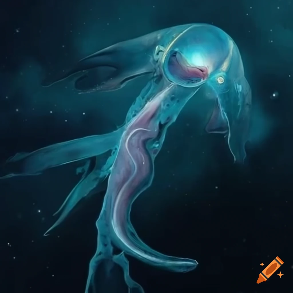 Sci-fi artwork of a half-whale siphonophore hybrid among the stars