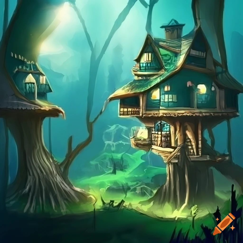 Treetop village nestled in a forest grove in a fantasy art style on Craiyon