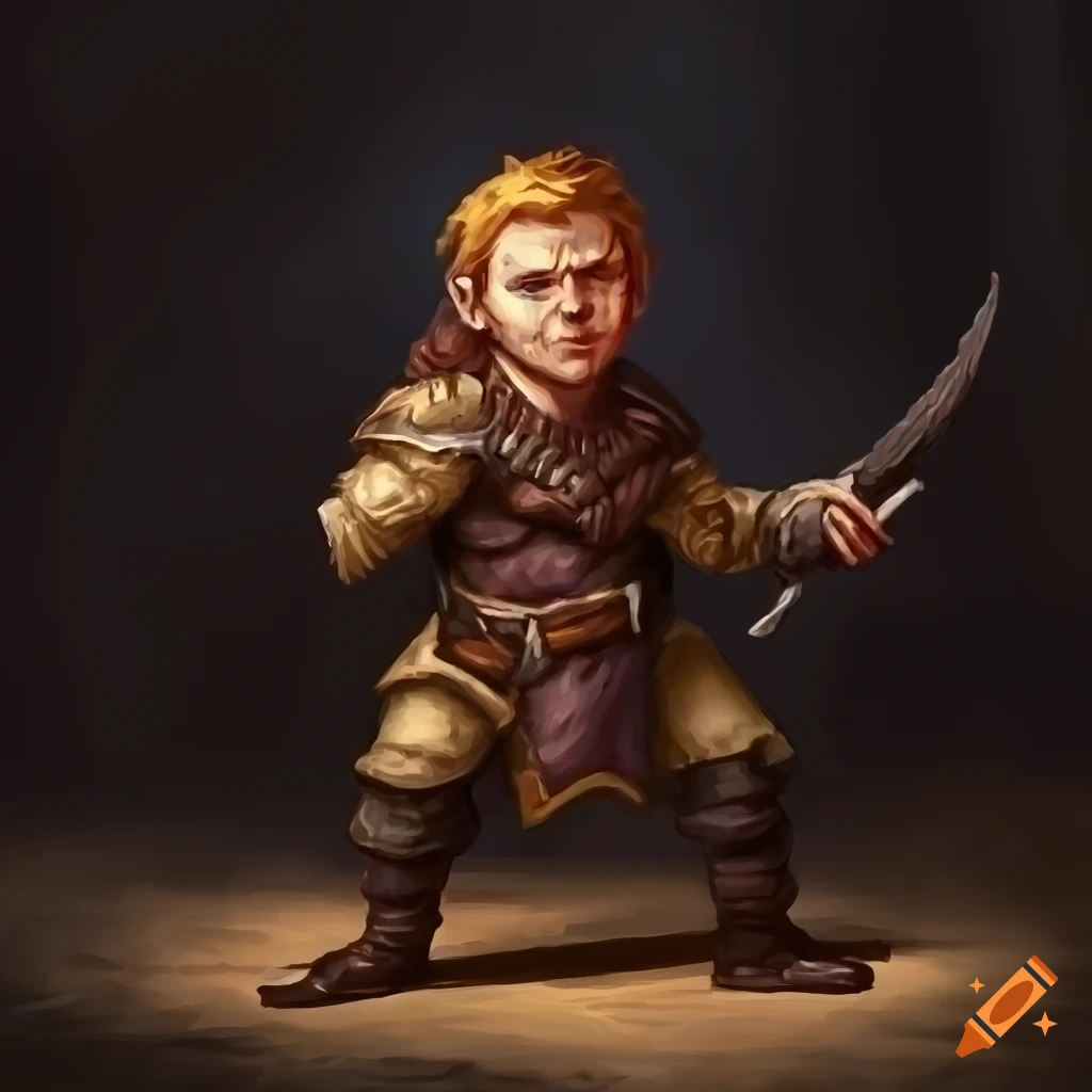 Hand-painted Dungeons and Dragons style fantasy art of a male halfling rogue standing up
