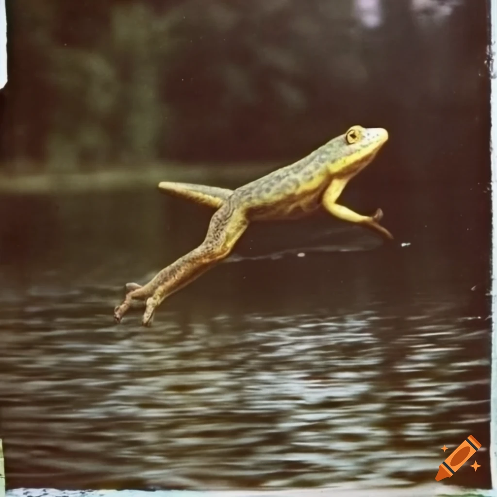 Grainy 70s polaroid photo of a frog jumping by a pond at evening