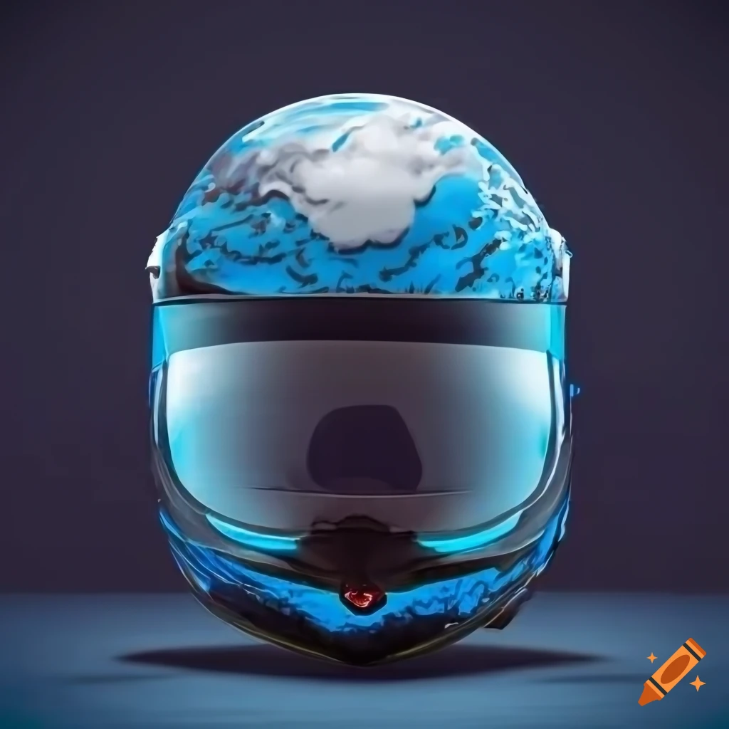 Racing helmet with cloud decal on dark background