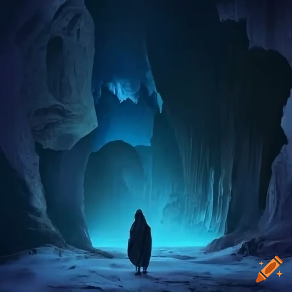 Man in a cavern with a shimmering crystal lake and a monolith statue ...