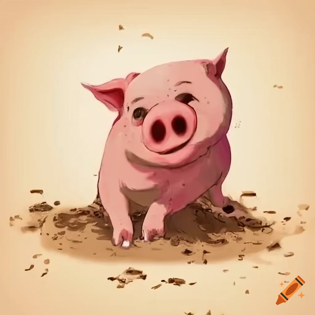 Smiling pig playing in mud