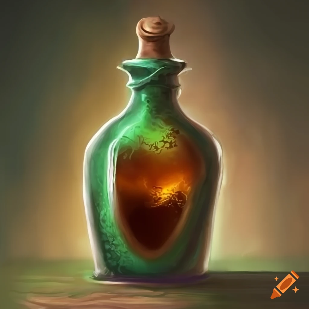 Greenish brown potion on a shelf in a fantasy art style