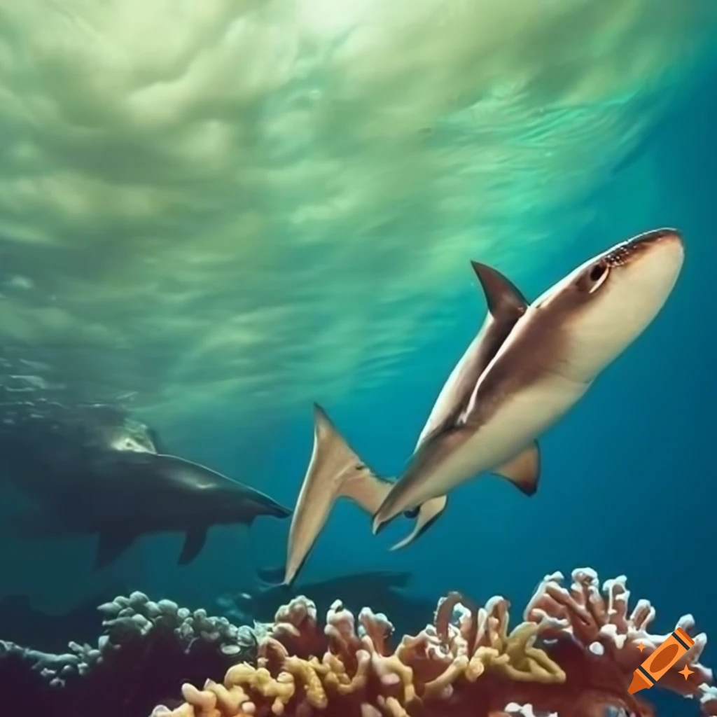 Underwater scene with fish, shark, turtle, and coral reef