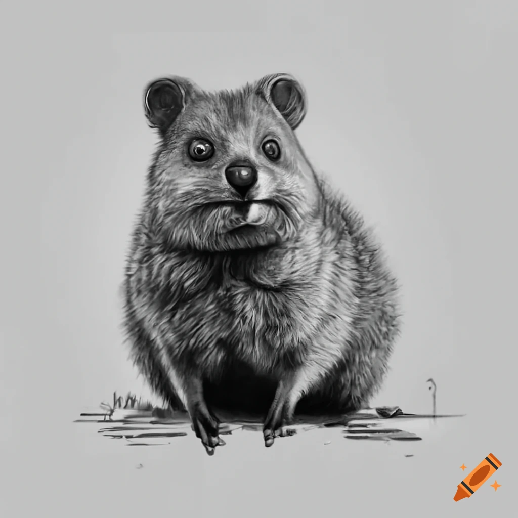 Detailed hyperrealism greyscale drawing of a friendly quokka