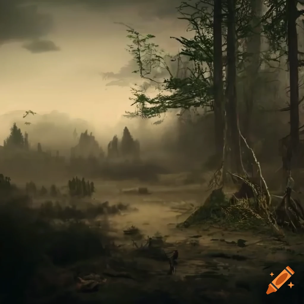 Post-apocalyptic wasteland with bushes and forest on the outskirts