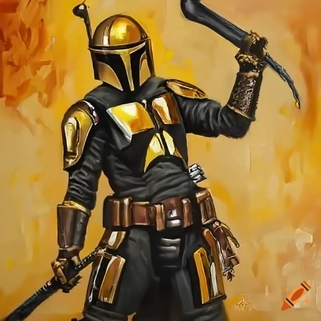 Golden and black Mandalorian warrior wielding a sword
