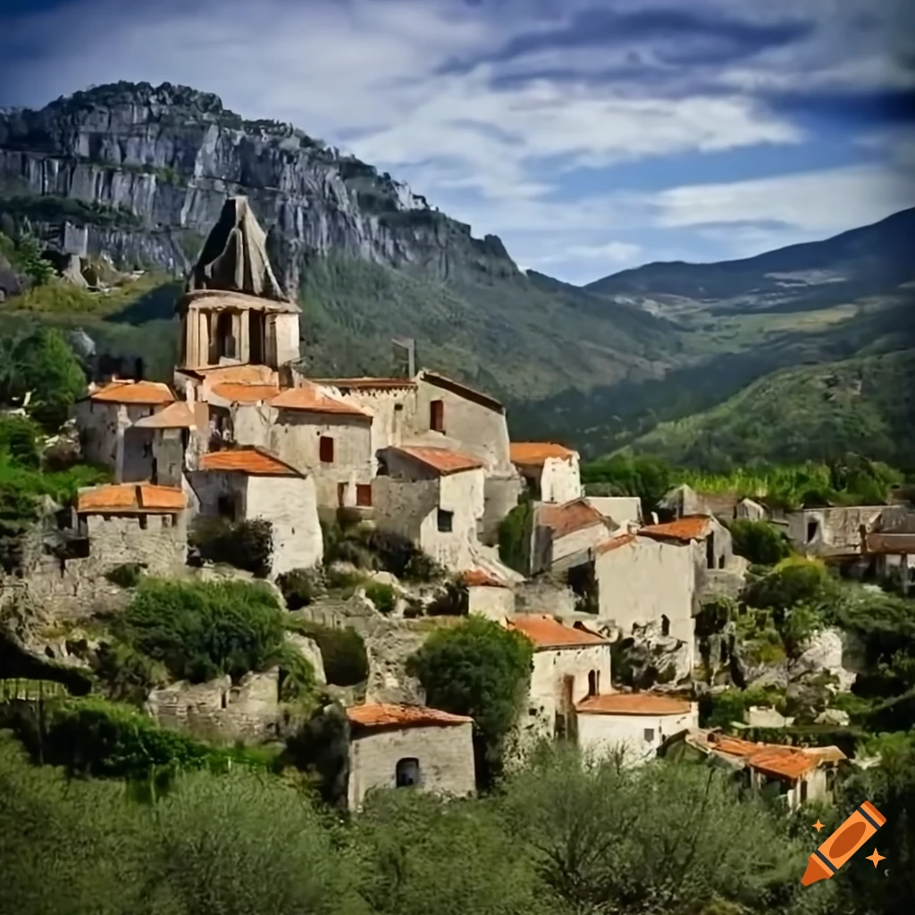 Village on a mountainside, Mediterranean landscape with dry stone walls and olive trees
