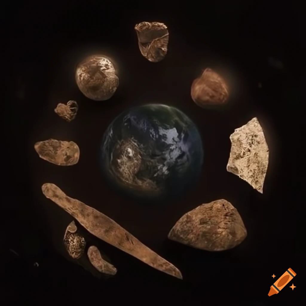 Four magical artifacts on dark earth ground