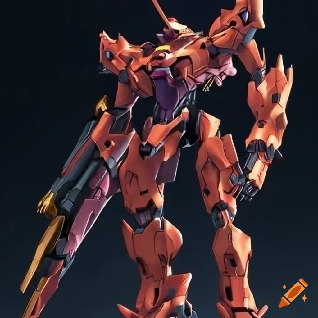 Mechanical robots with orange primary color and gold trim glowing in neon lights