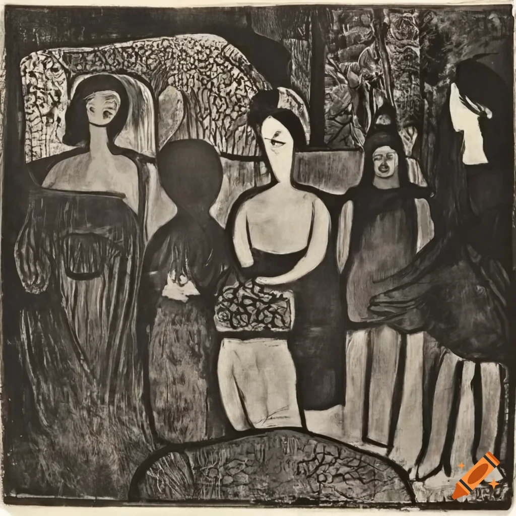 Black and white mono-print of a small school with courtyard and women in the foreground