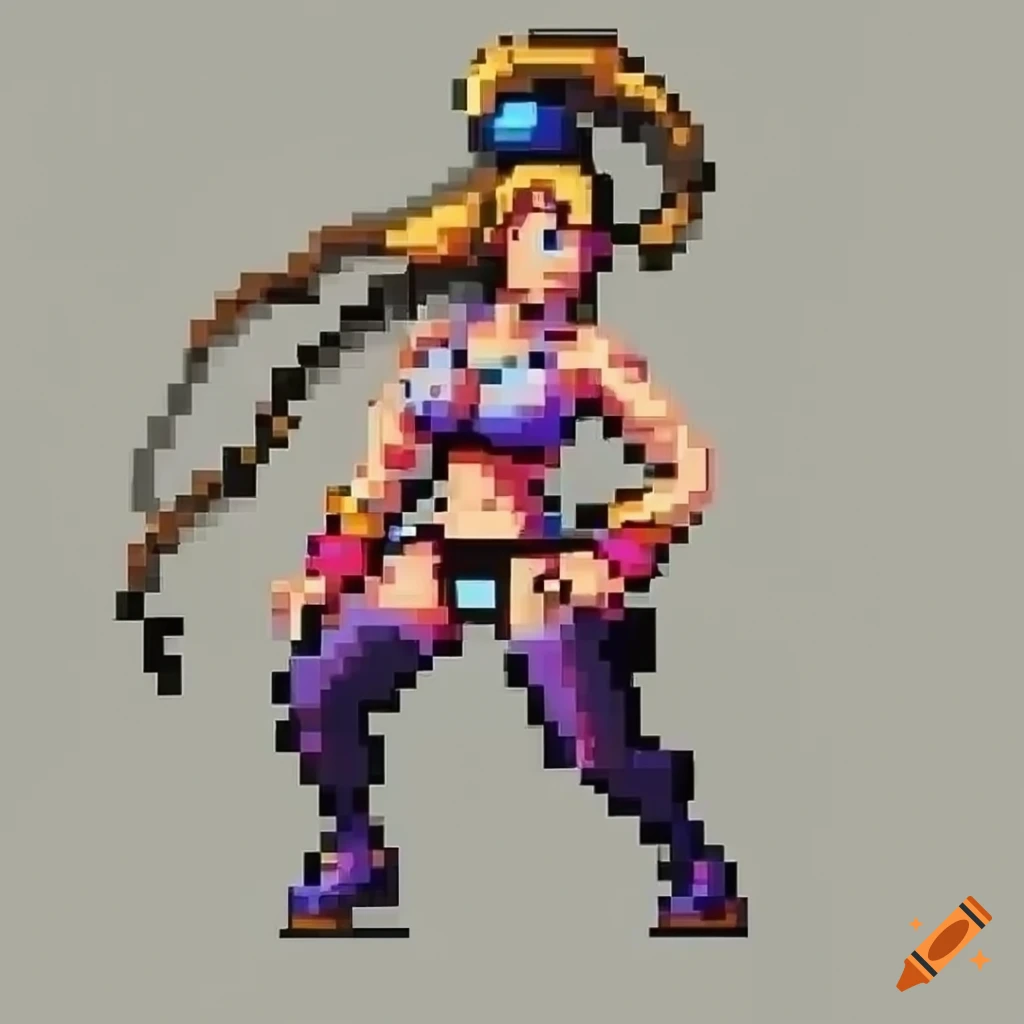 Pixel art of a street fighter girl in a video game style