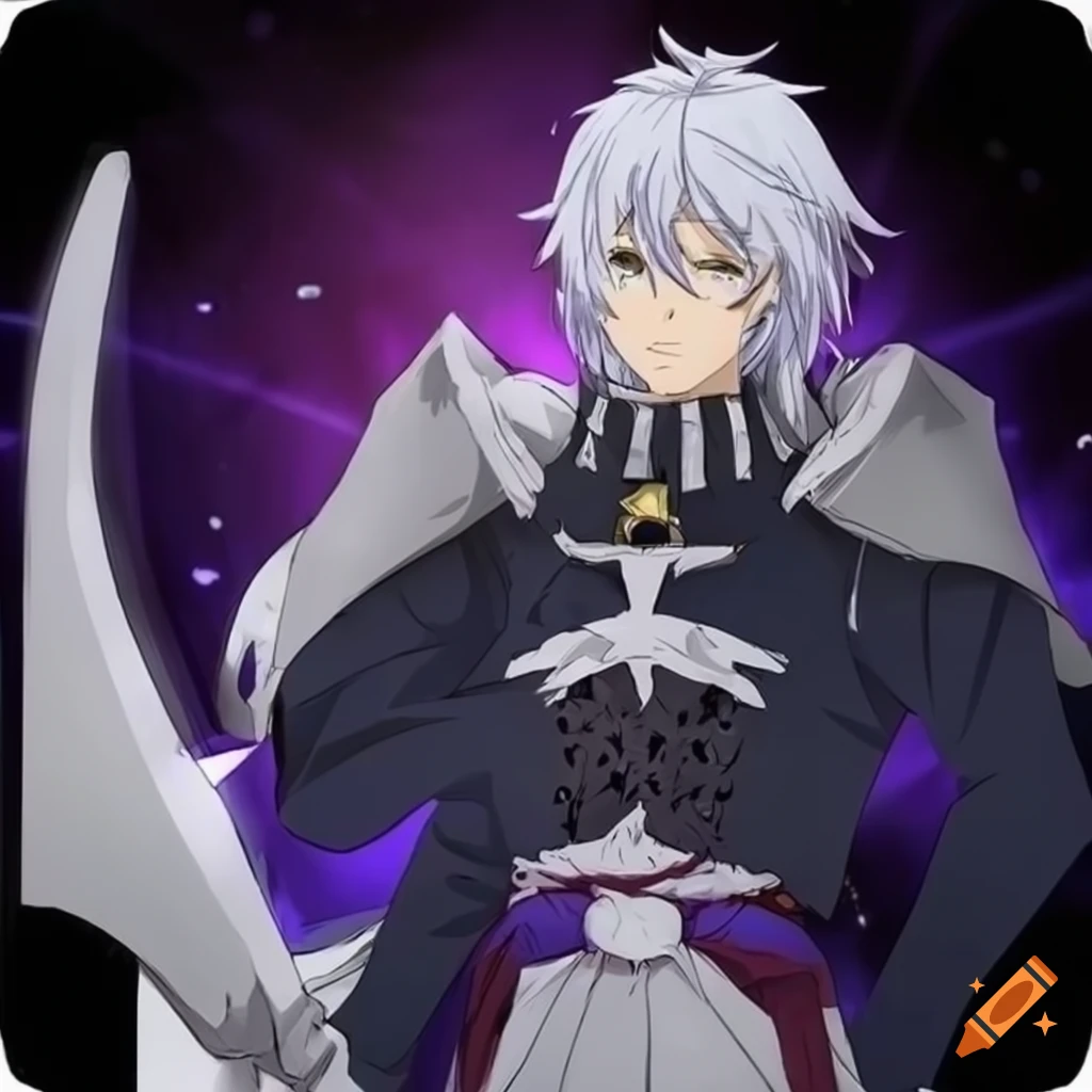 Purple templar knight, white-haired male half-elf with white eyes