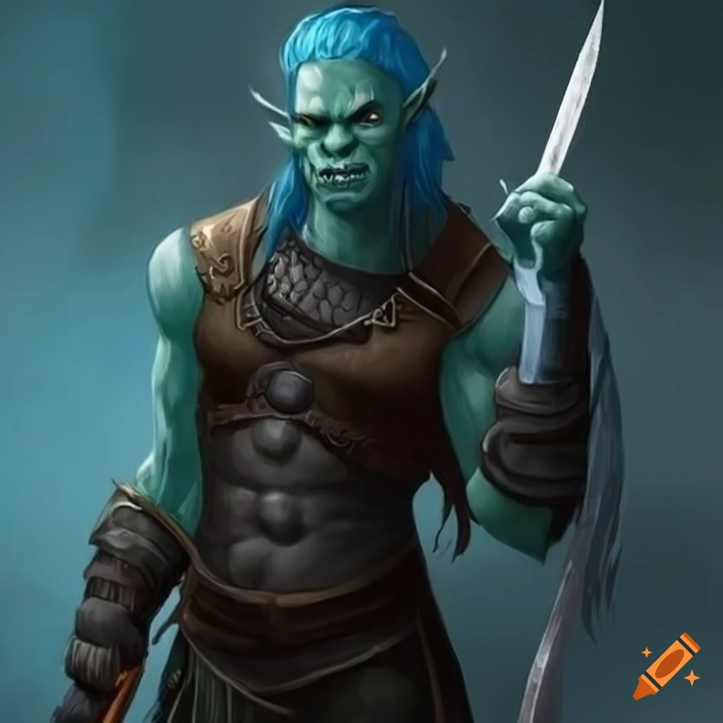 Male half orc with gray skin, blue eyes, and a big sword