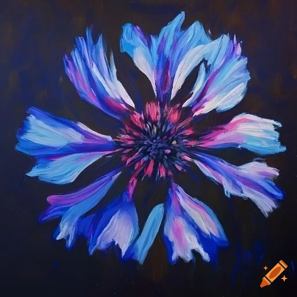 Quadratic acrylic painting of cornflowers on black background