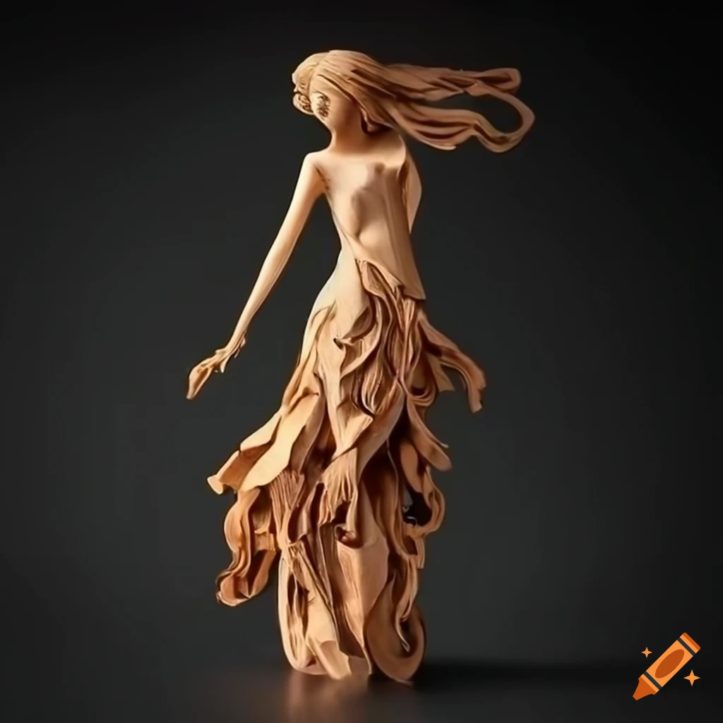 Intricately carved wooden sculptures of graceful women with detailed ribbons and flowing locks