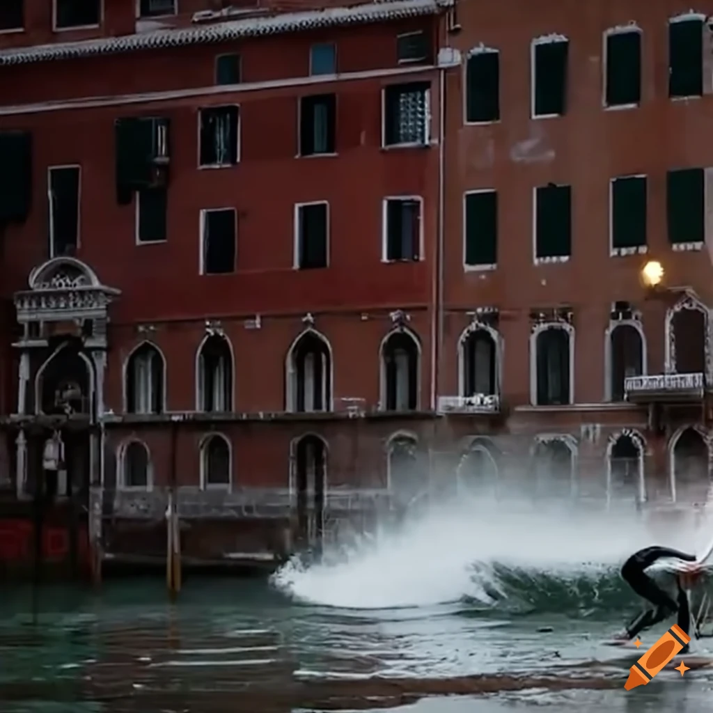 Surfer riding a wave in the canals of Venice, Italy