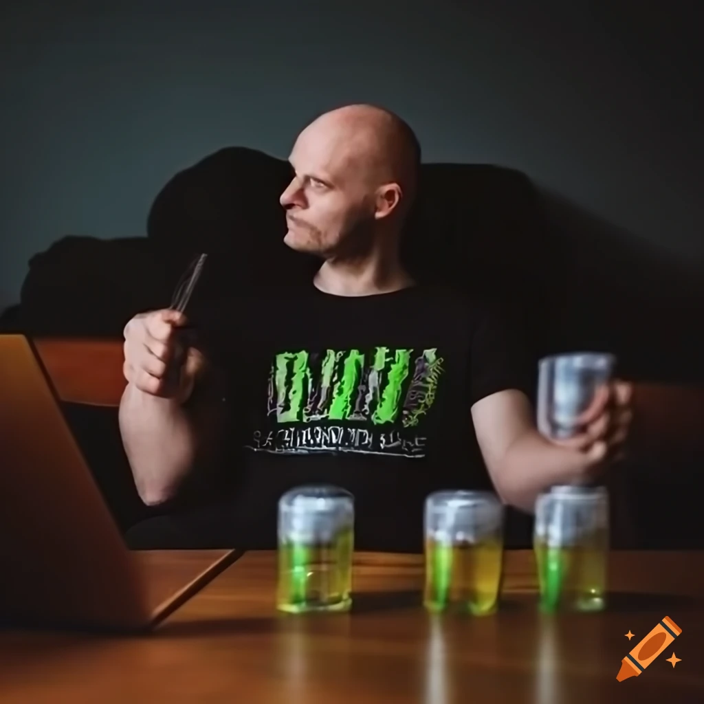 Bald therapist in a graphic t-shirt in a dimly lit office