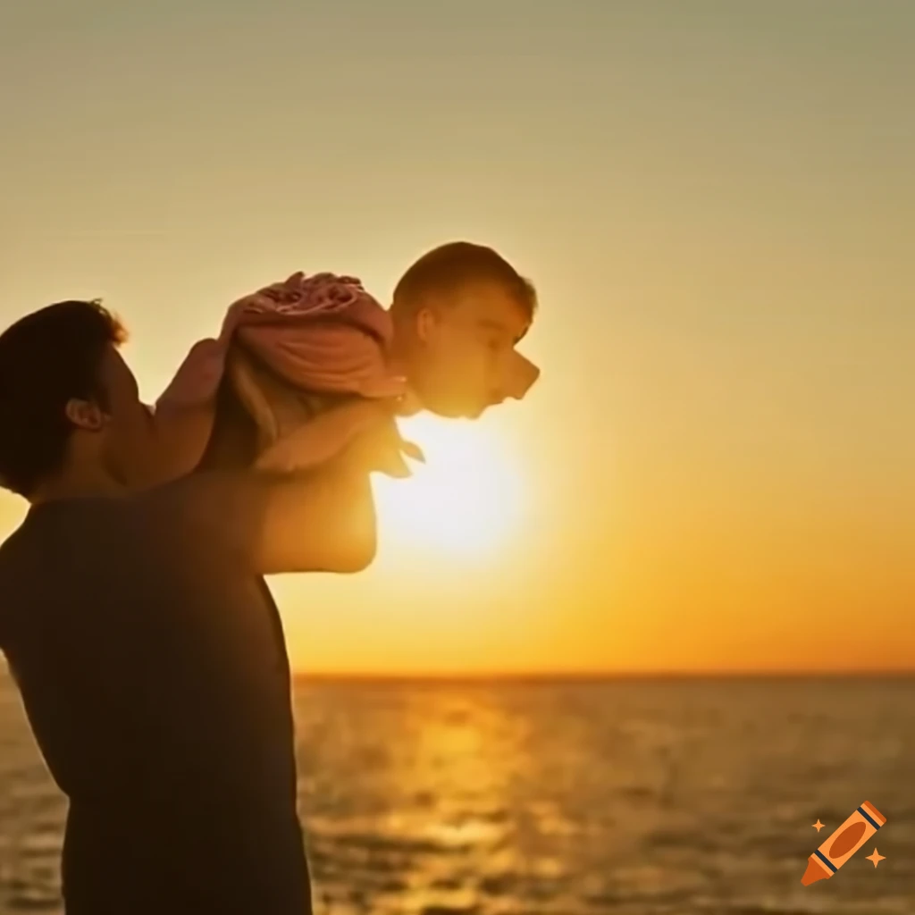Father holding his son against a sunset background