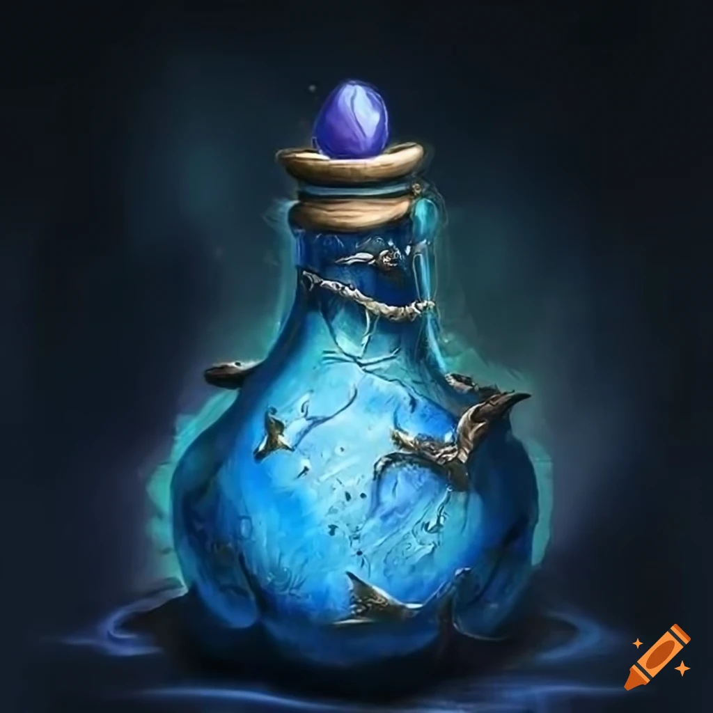 Blue stone flower potion in a fantasy art style