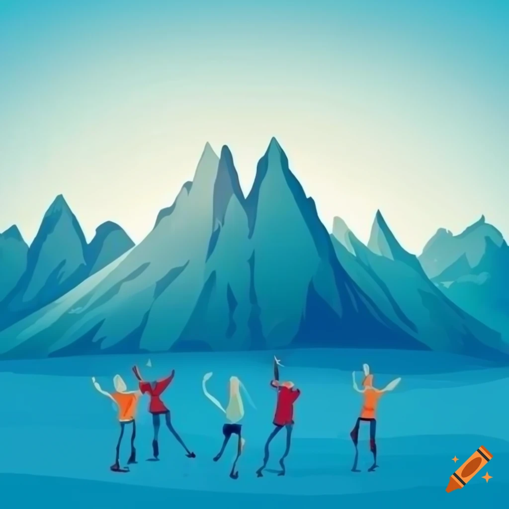 Group of people reaching the mountain top together