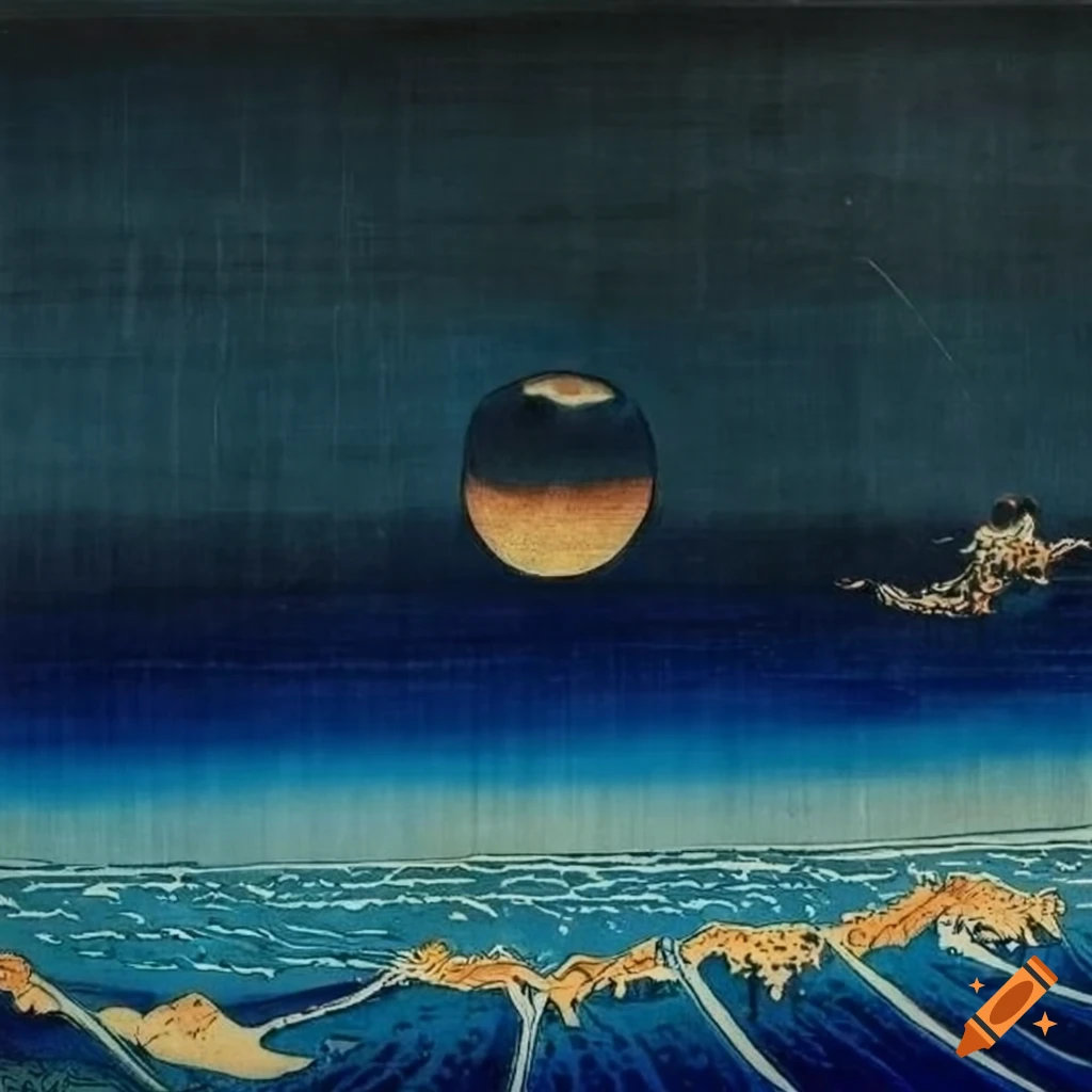 View of a continent from space in the style of ukiyo-e woodblock print by Hokusai