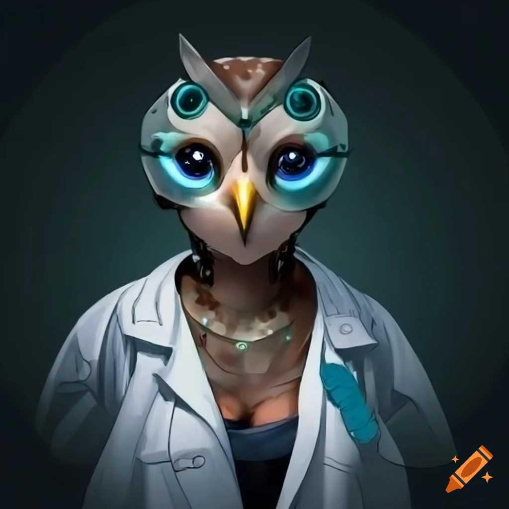 Cute female owl cyborg in lab coat