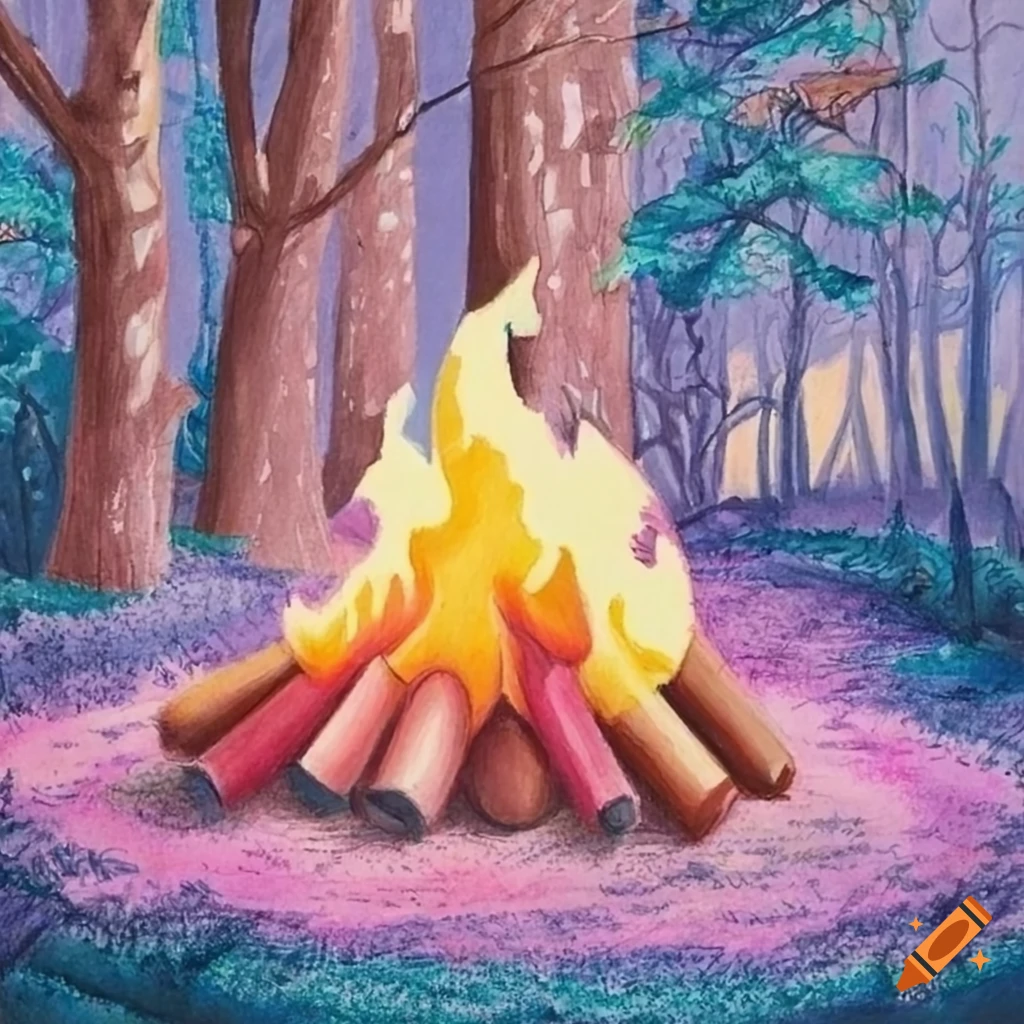 Cozy campfire in pastel colors created with colored pencil stippling