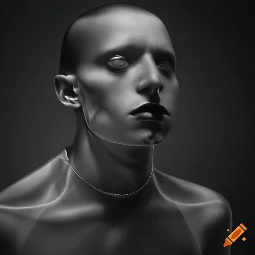 1920s style male cyborg in a transparent dress shirt