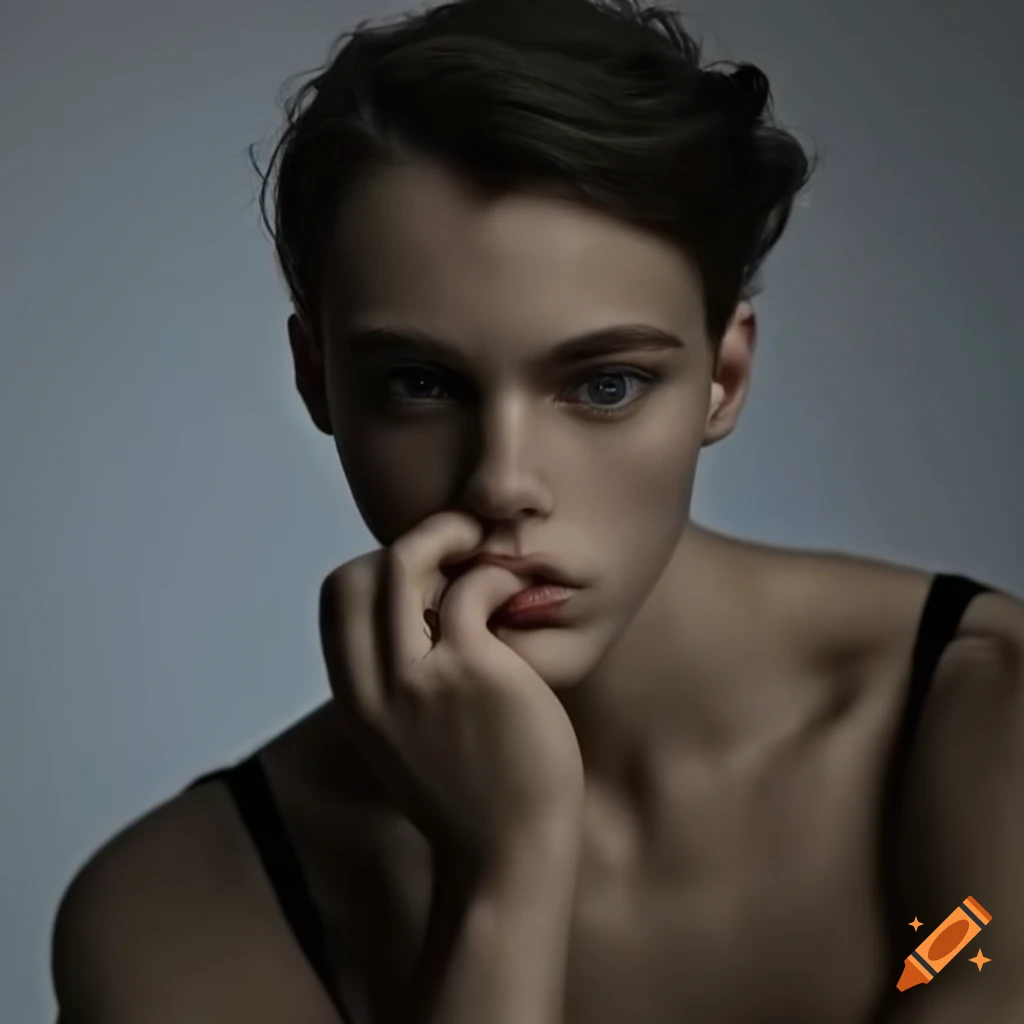 Portrait of an ethereal male student with delicate features resembling Elsa Hosk