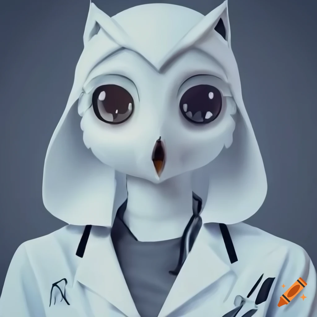 Cute female owl android in lab coat with detailed robotic face