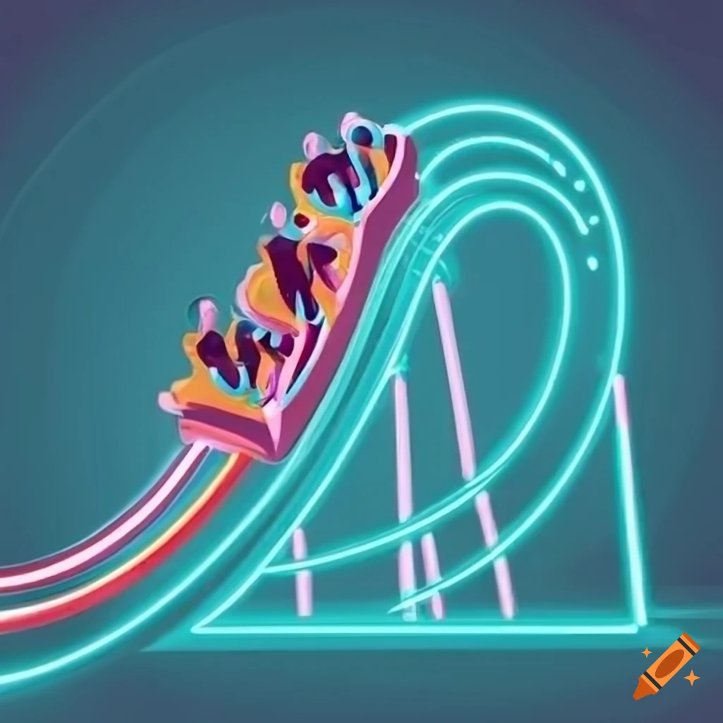 Roller coaster drop with neon sky